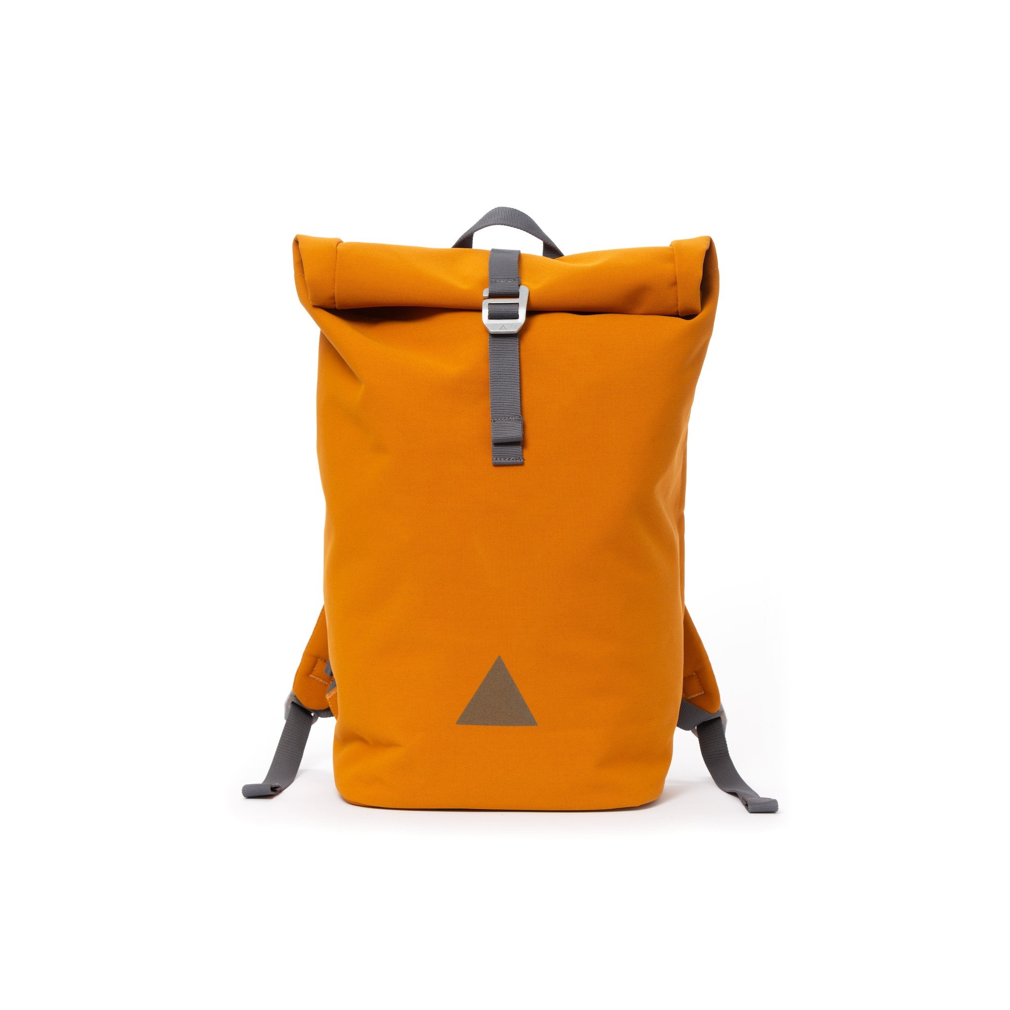 Orange recycled canvas men’s rolltop backpack with triangle logo.