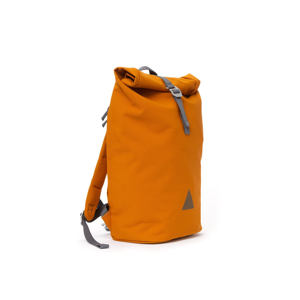 Orange recycled canvas men’s rolltop backpack.