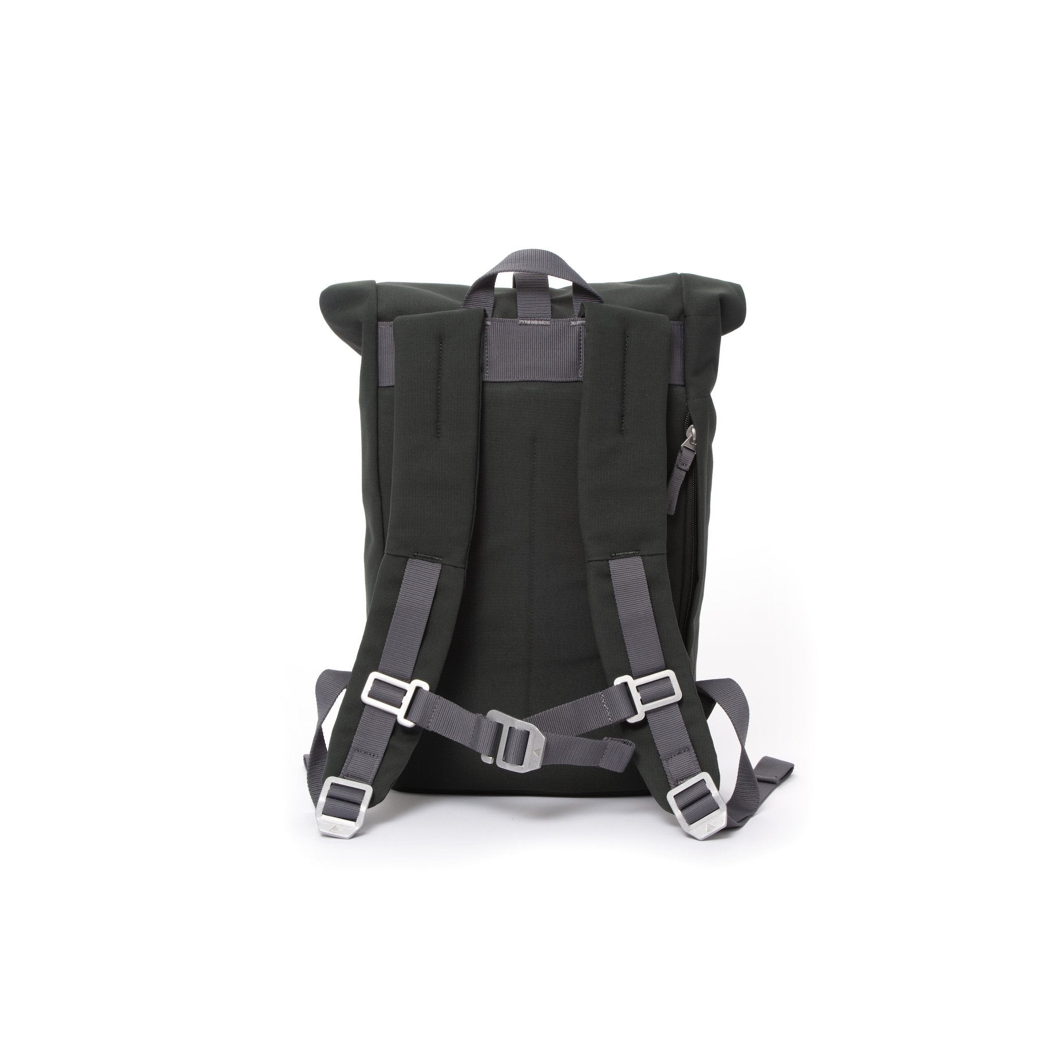 Grey small rolltop backpack with padded shoulder straps and chest strap.