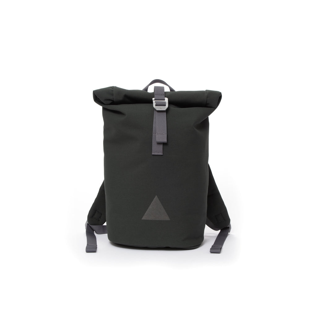 Grey recycled canvas women’s rolltop backpack with triangle logo.