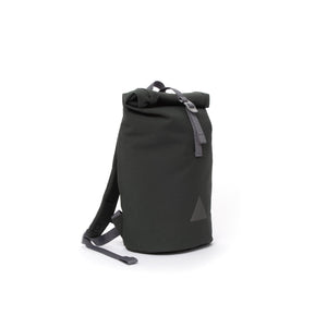 Grey recycled canvas women’s rolltop backpack.