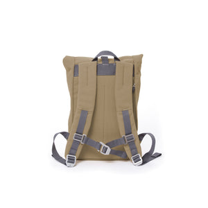 Khaki small rolltop backpack with padded shoulder straps and chest strap.