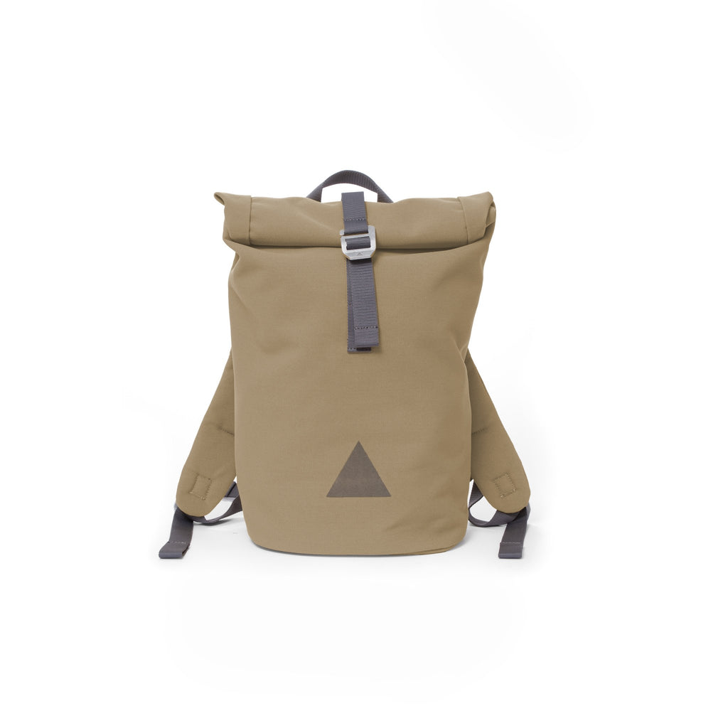 Khaki recycled canvas women’s rolltop backpack with triangle logo.