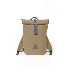 Khaki recycled canvas women’s rolltop backpack with triangle logo.