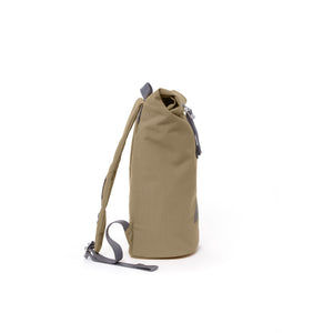 Khaki waterproof canvas women’s rolltop backpack.