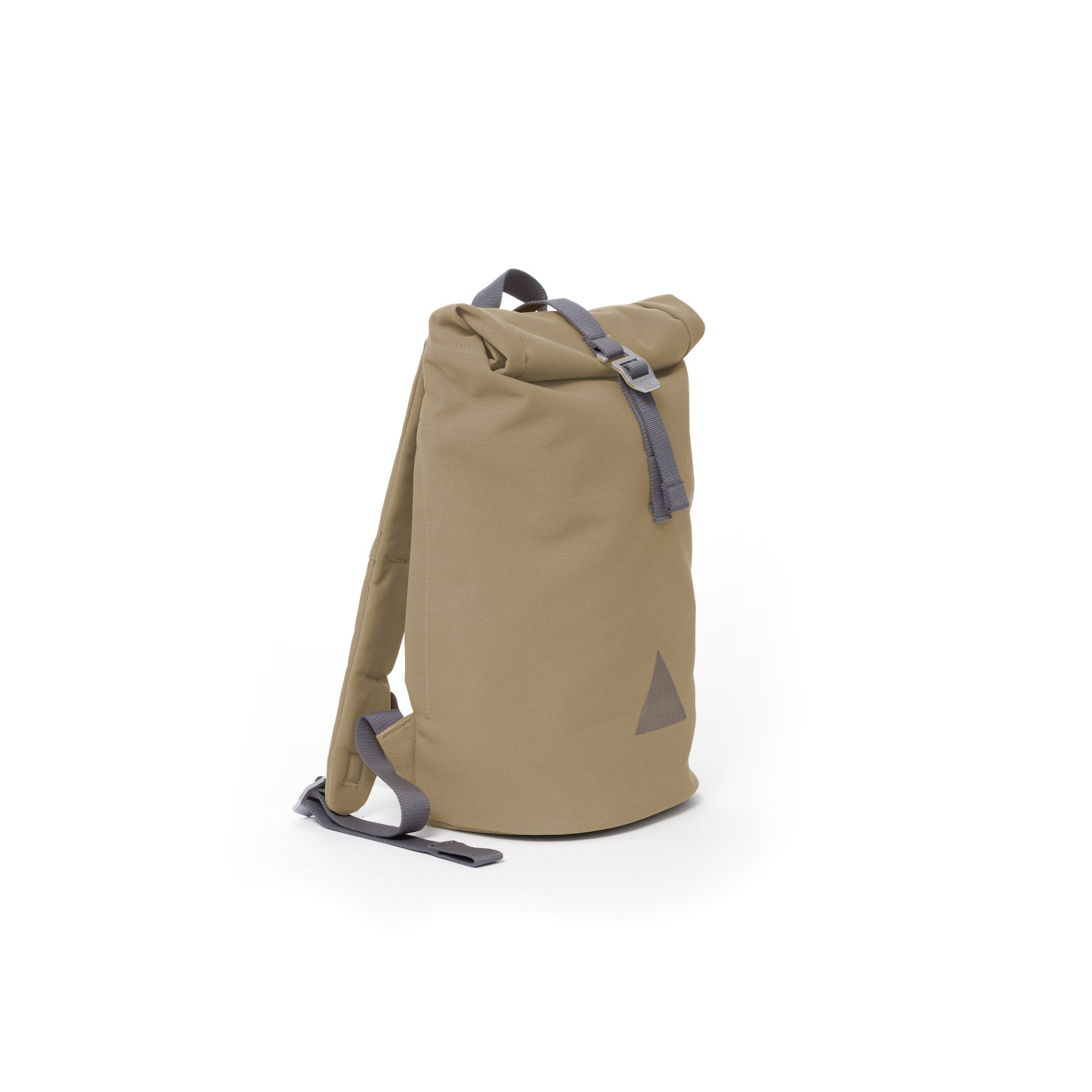 Khaki recycled canvas women’s rolltop backpack.