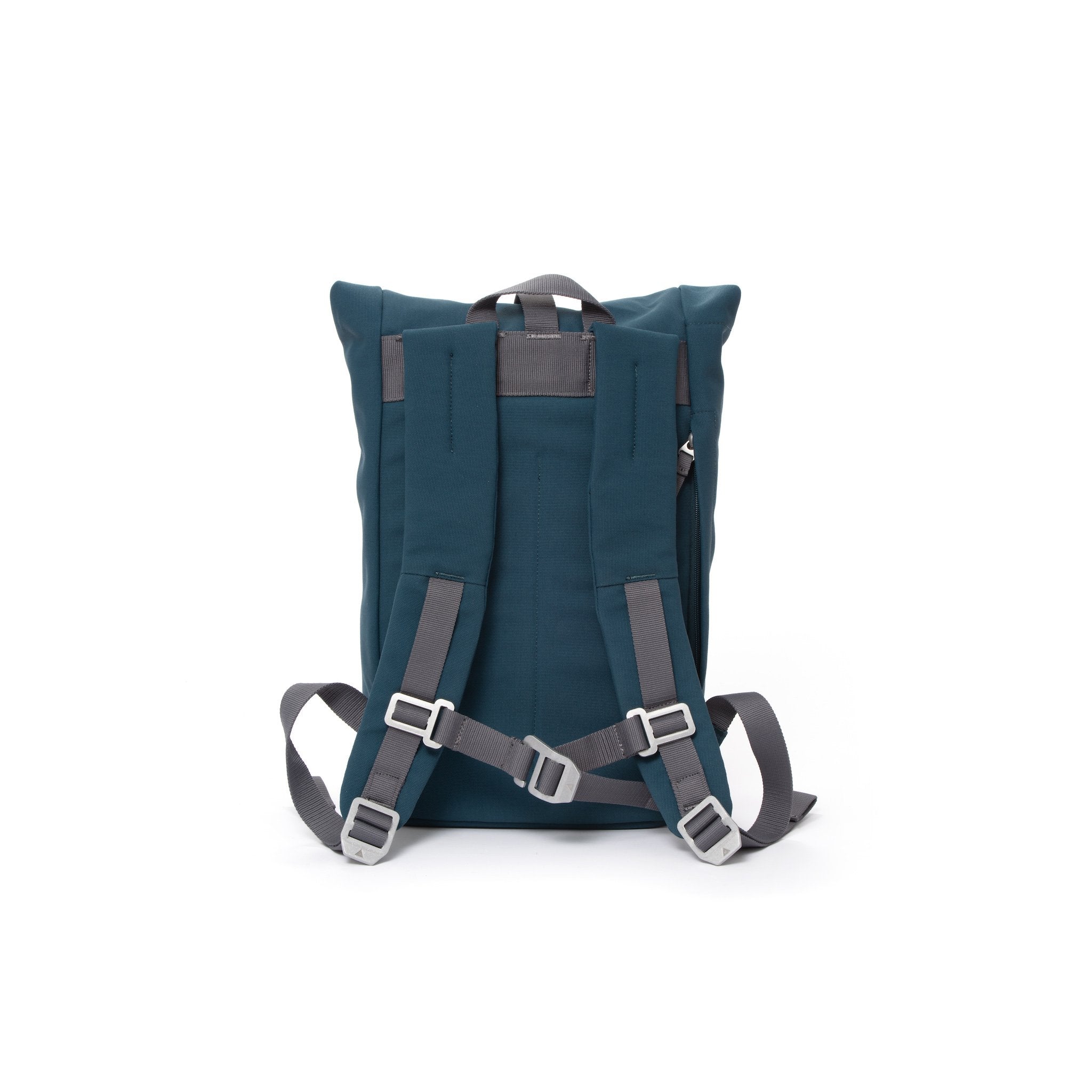 Blue small rolltop backpack with padded shoulder straps and chest strap.
