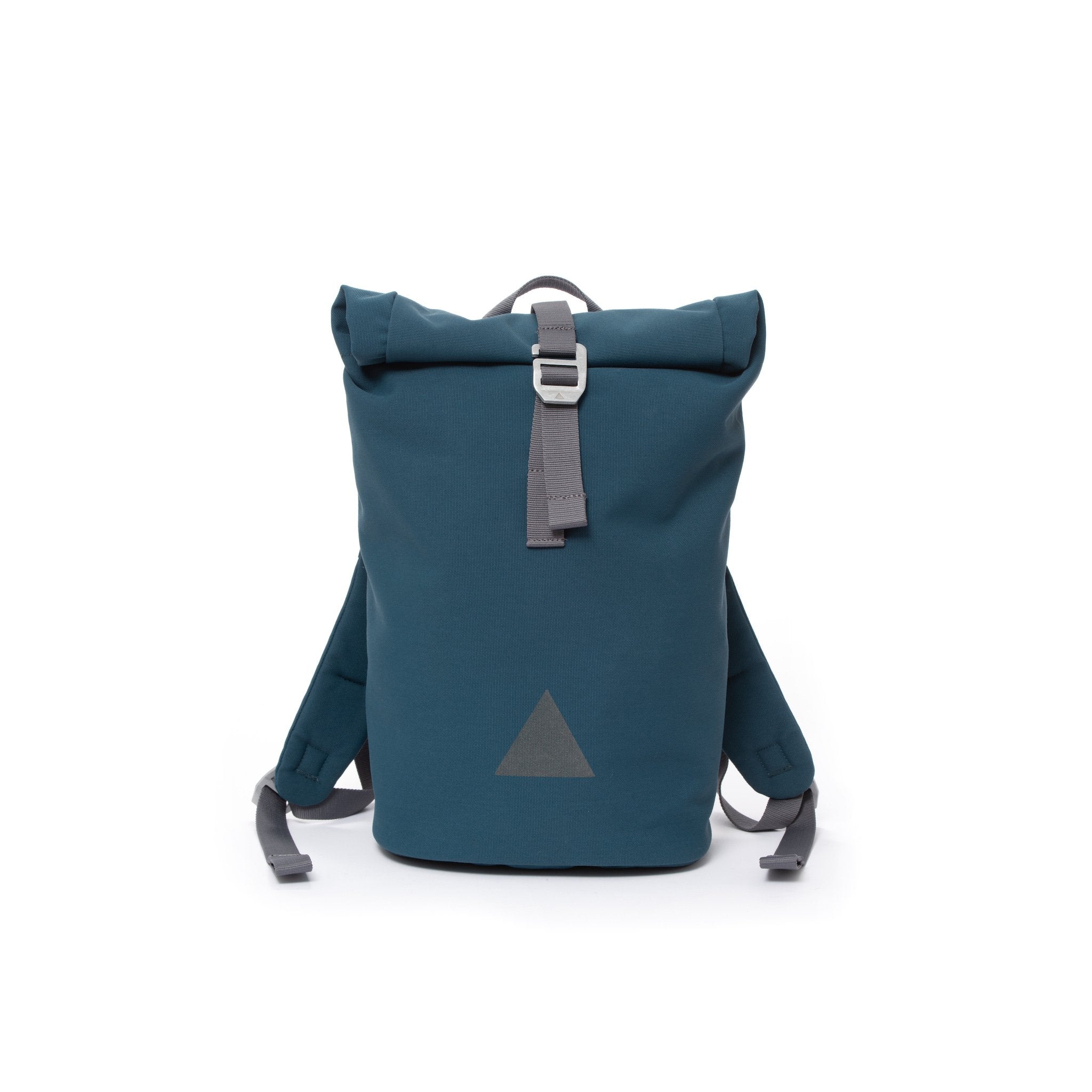 Blue recycled canvas women’s rolltop backpack with triangle logo.
