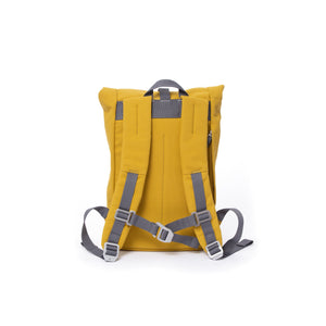 Yellow small rolltop backpack with padded shoulder straps and chest strap.