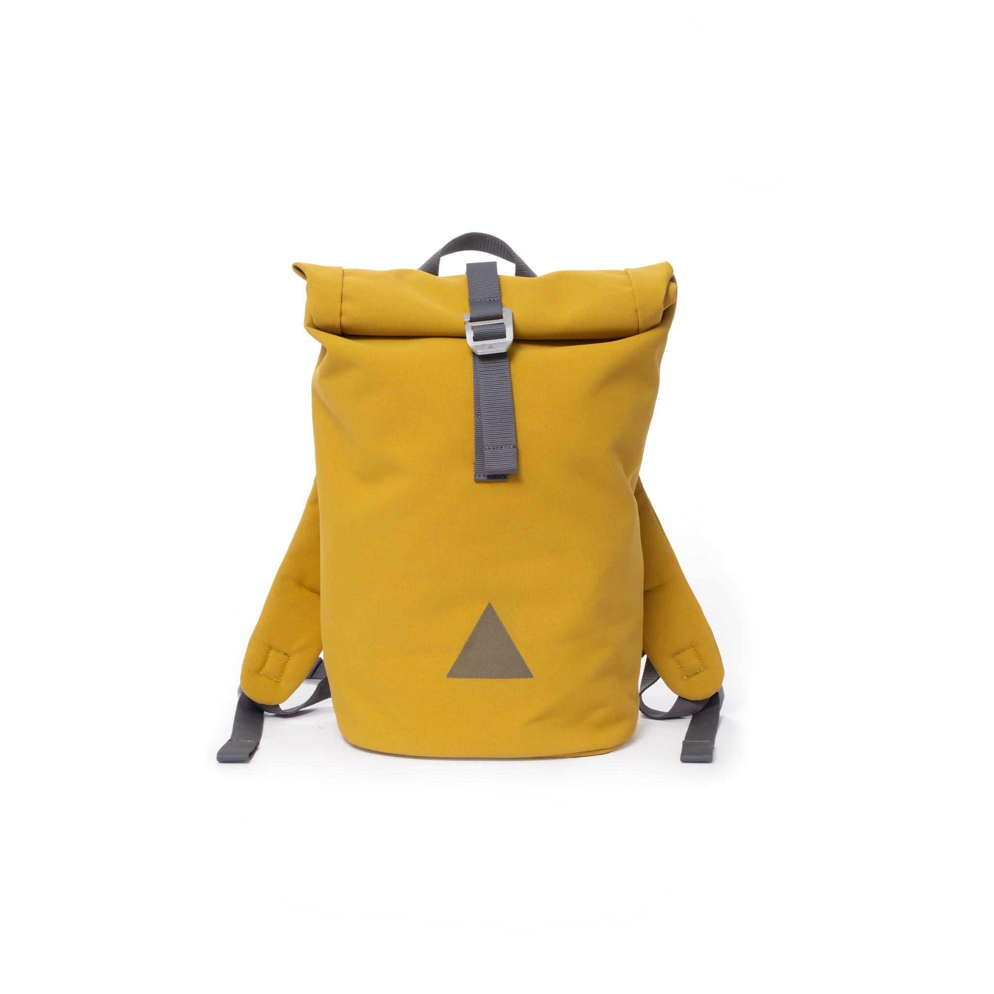 Yellow recycled canvas women’s rolltop backpack with triangle logo.