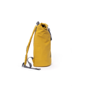 Yellow waterproof canvas women’s rolltop backpack.