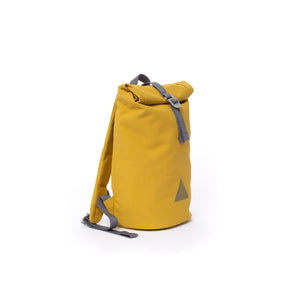 Yellow recycled canvas women’s rolltop backpack.