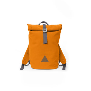 Orange recycled canvas women’s rolltop backpack with triangle logo.