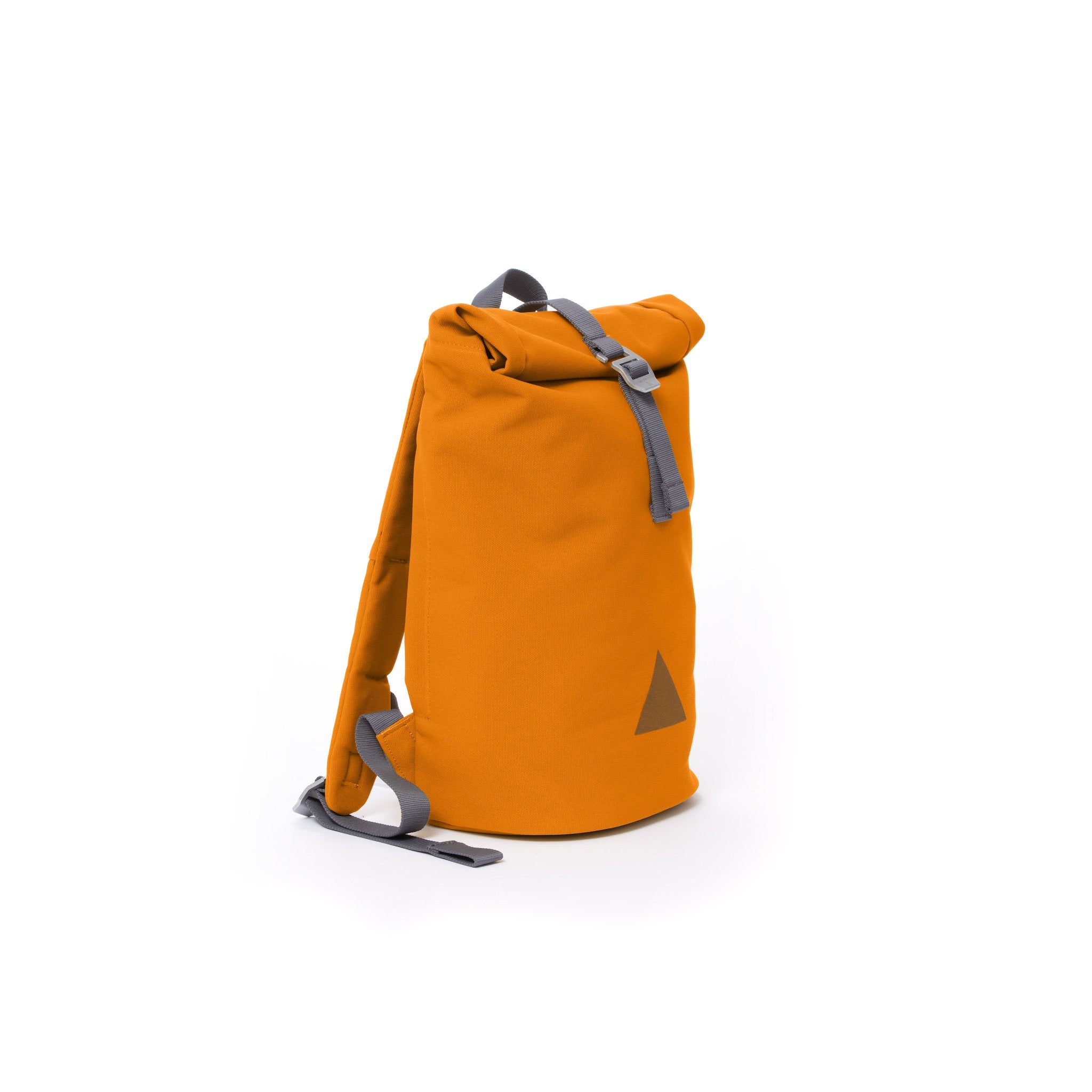 Orange recycled canvas women’s rolltop backpack.