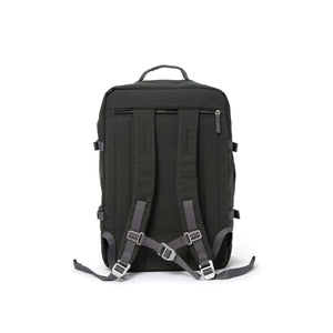 Grey travel backpack with padded shoulder straps.