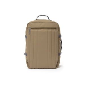 Khaki  travel backpack with hidden shoulder straps.