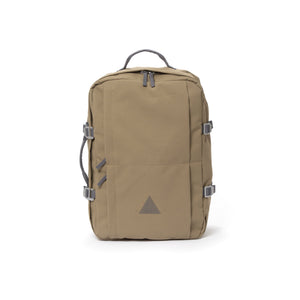 Khaki recycled canvas travel backpack.