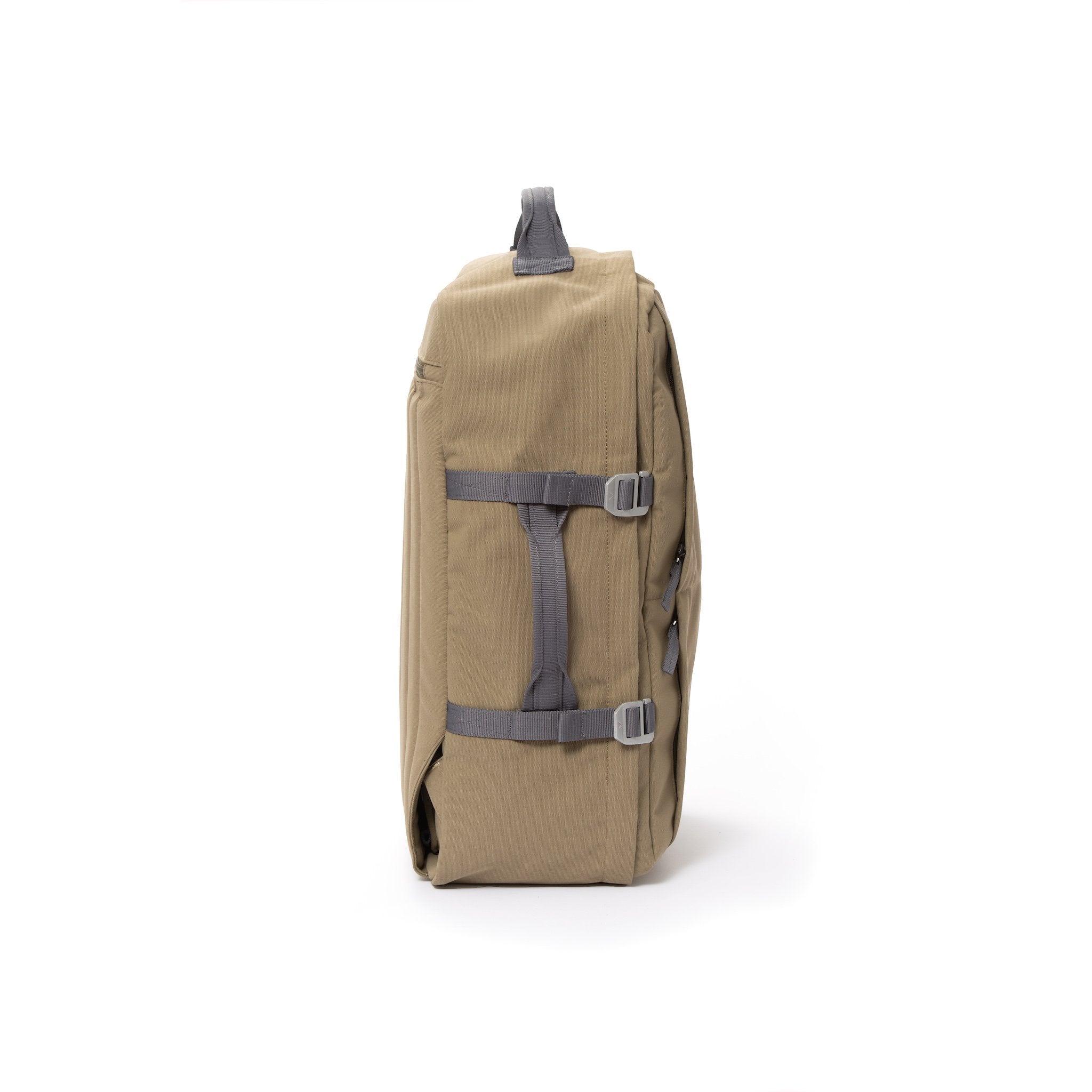 Khaki recycled canvas travel backpack with compression side straps.