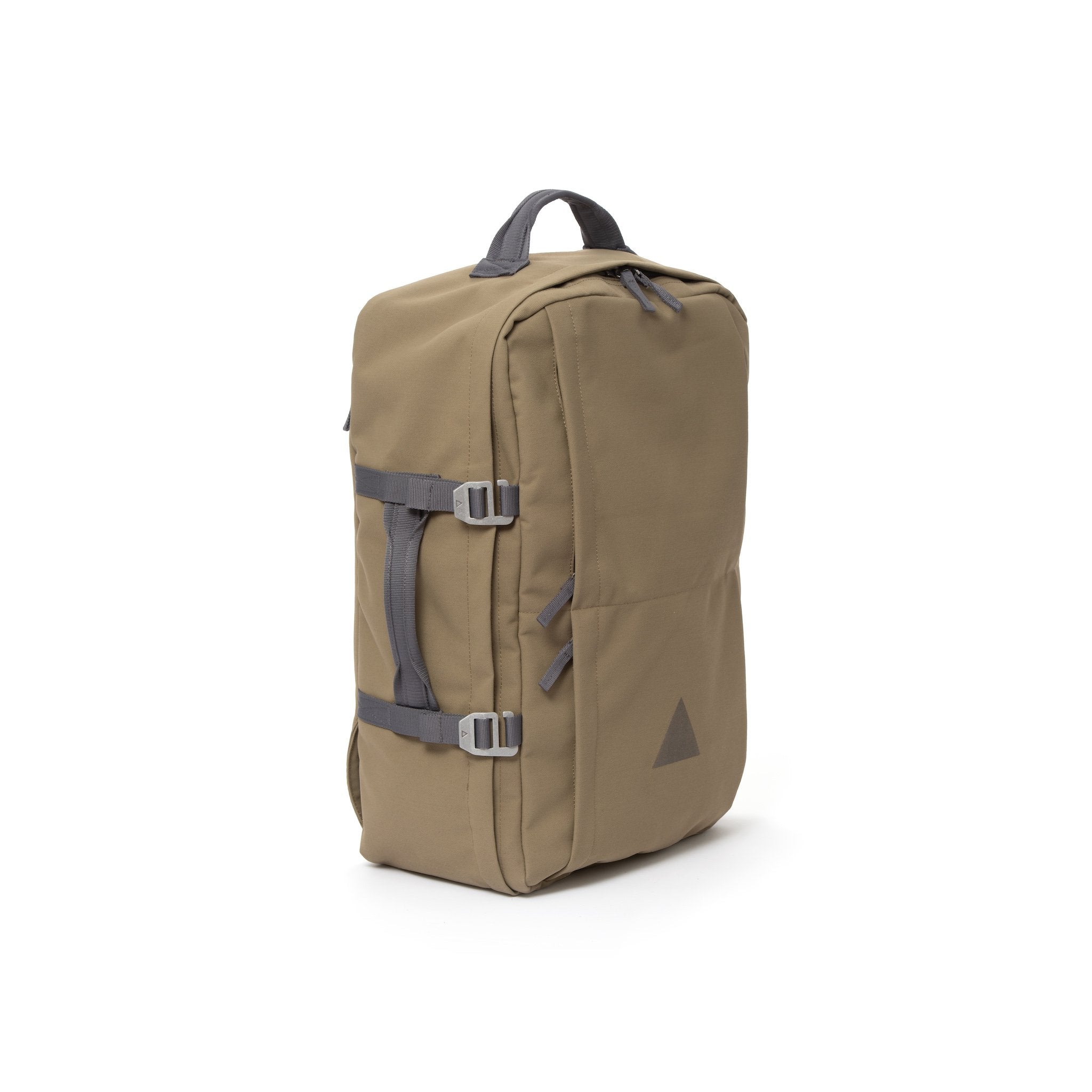 Khaki recycled canvas travel backpack with carry handle.