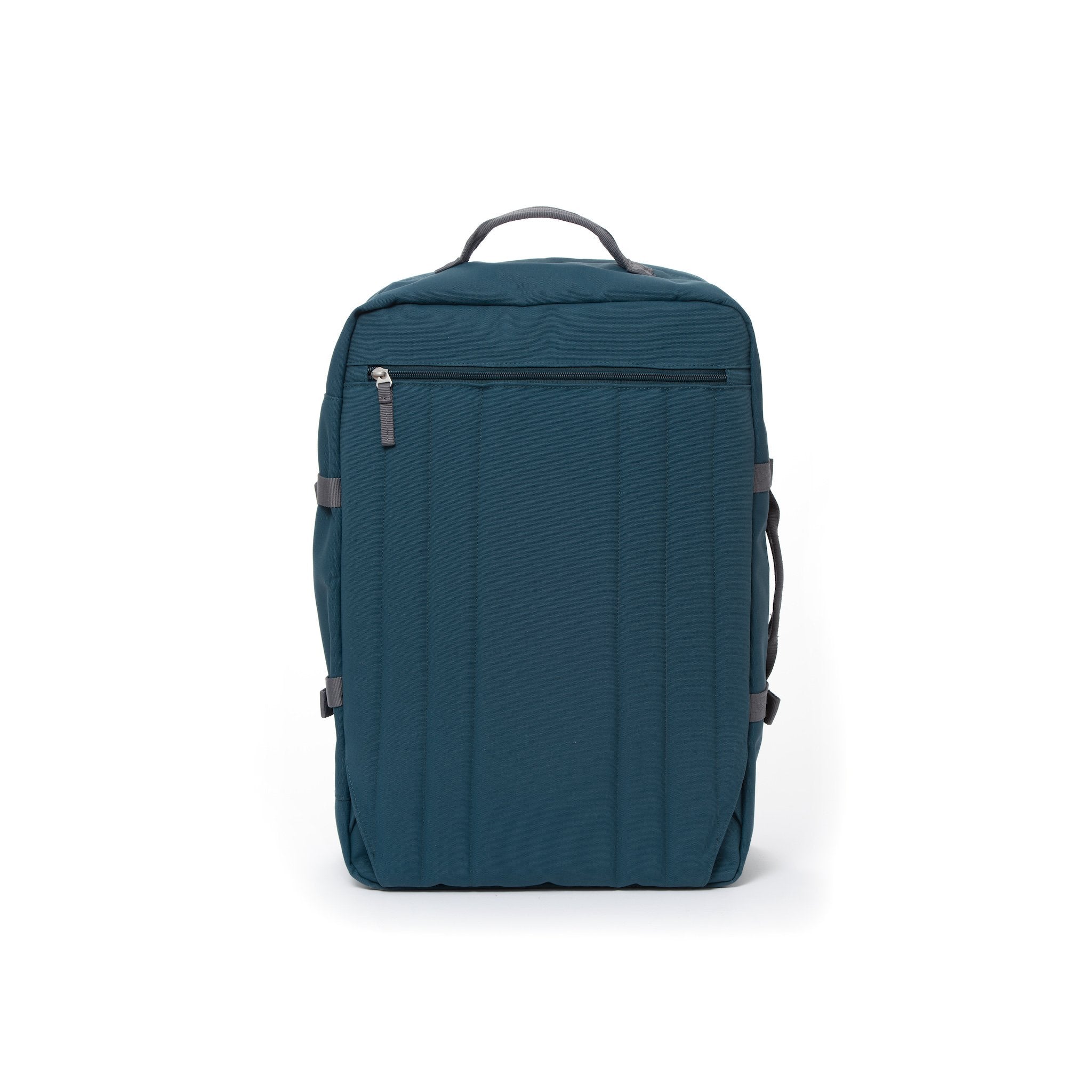 Blue travel backpack with hidden shoulder straps.