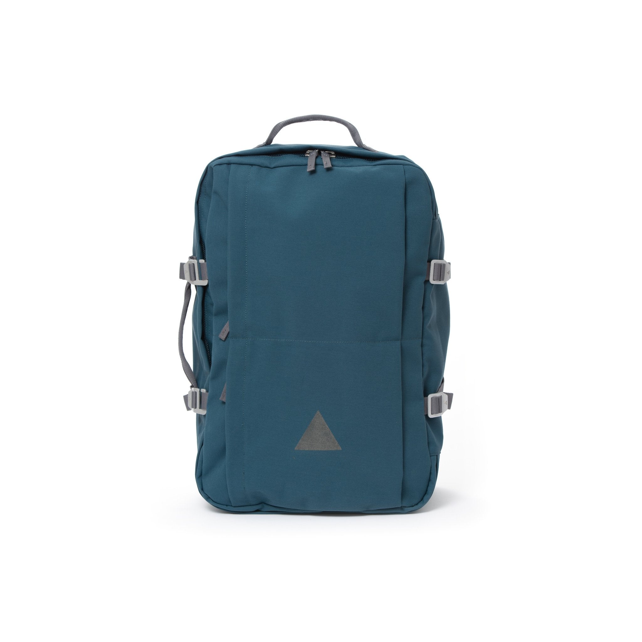 Blue recycled canvas travel backpack.