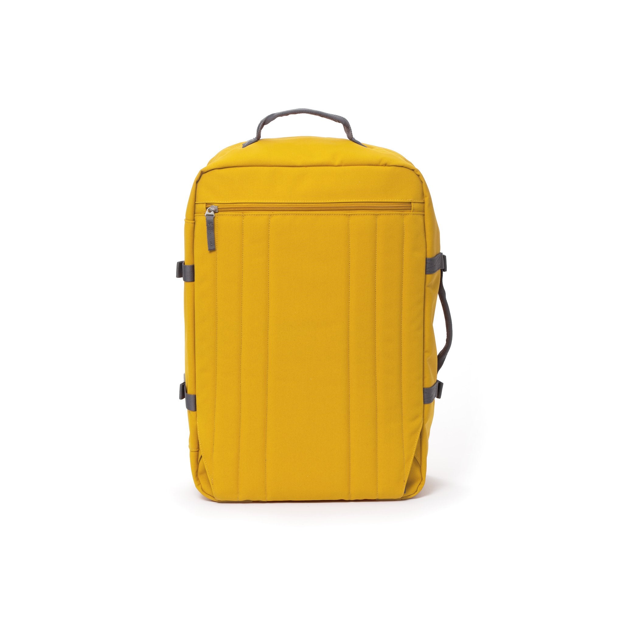 Yellow travel backpack with hidden shoulder straps.