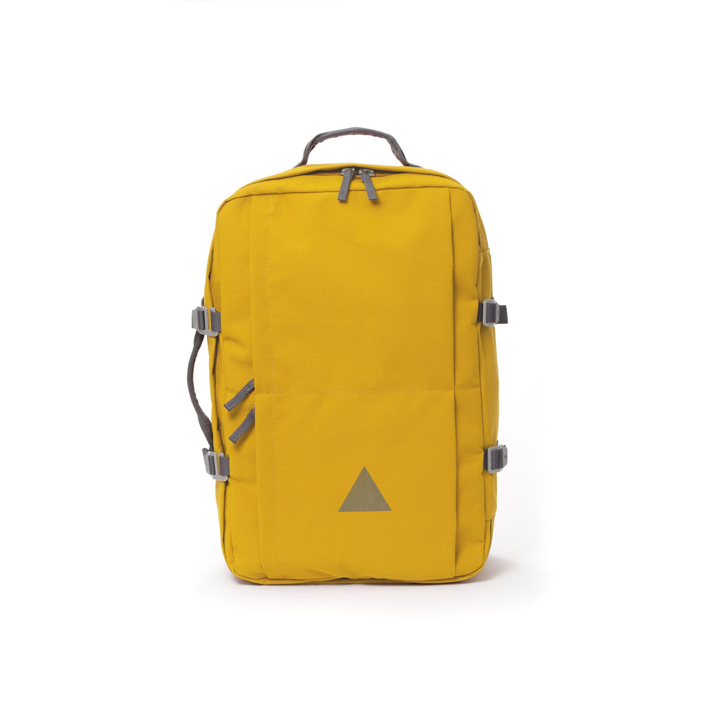 Yellow recycled canvas travel backpack.