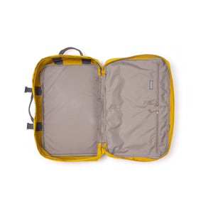 Yellow travel backpack interior.
