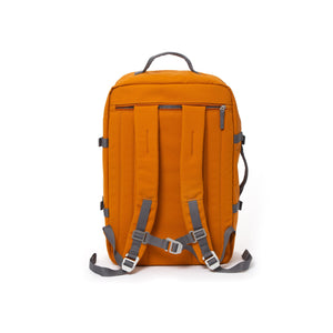 Orange travel backpack with padded shoulder straps.