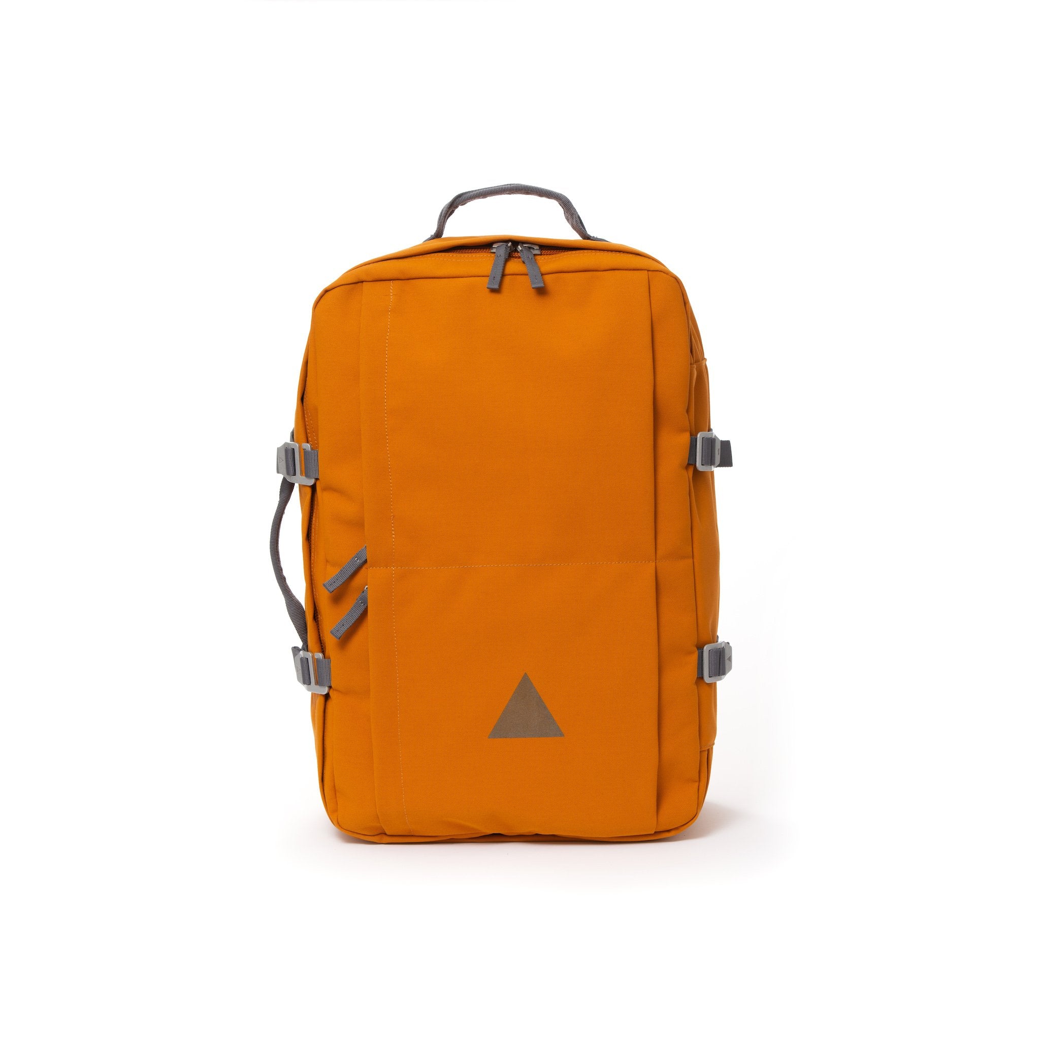 Orange recycled canvas travel backpack.