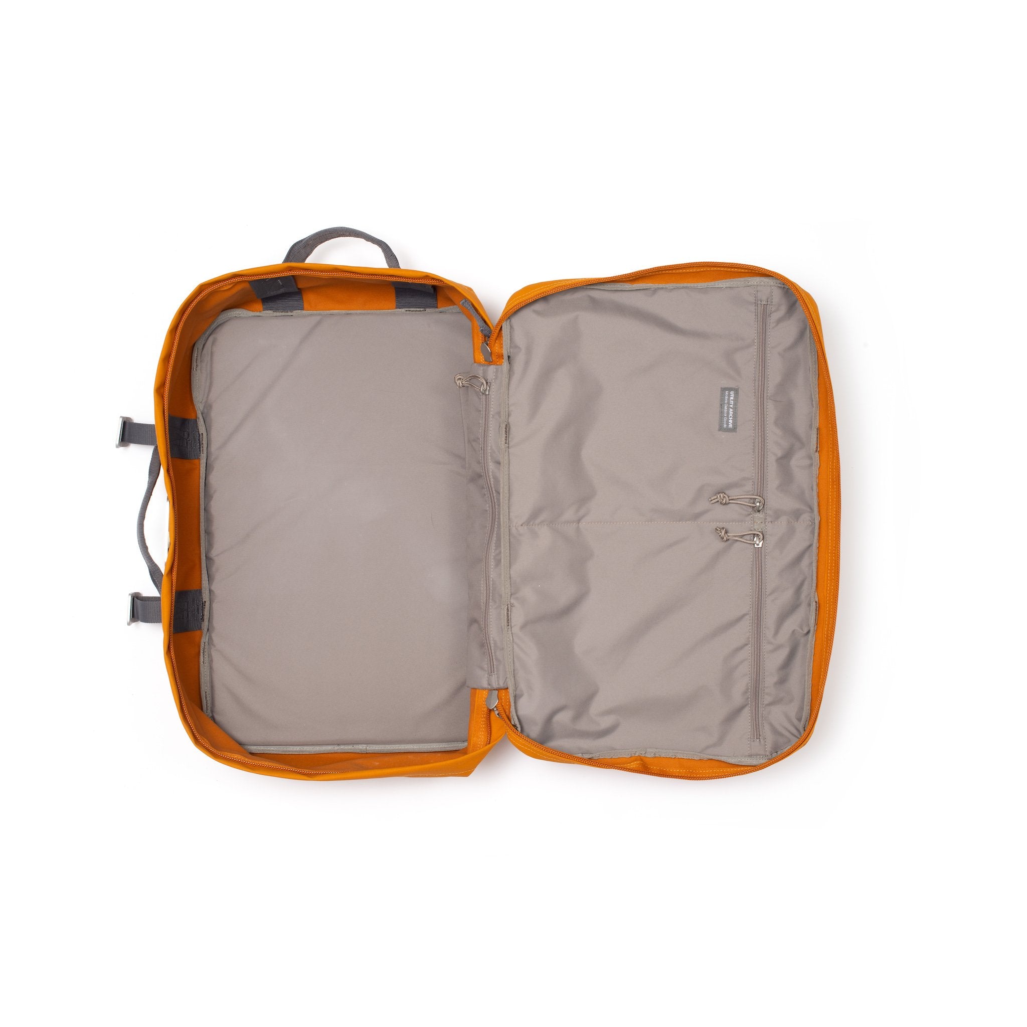Orange travel backpack interior.