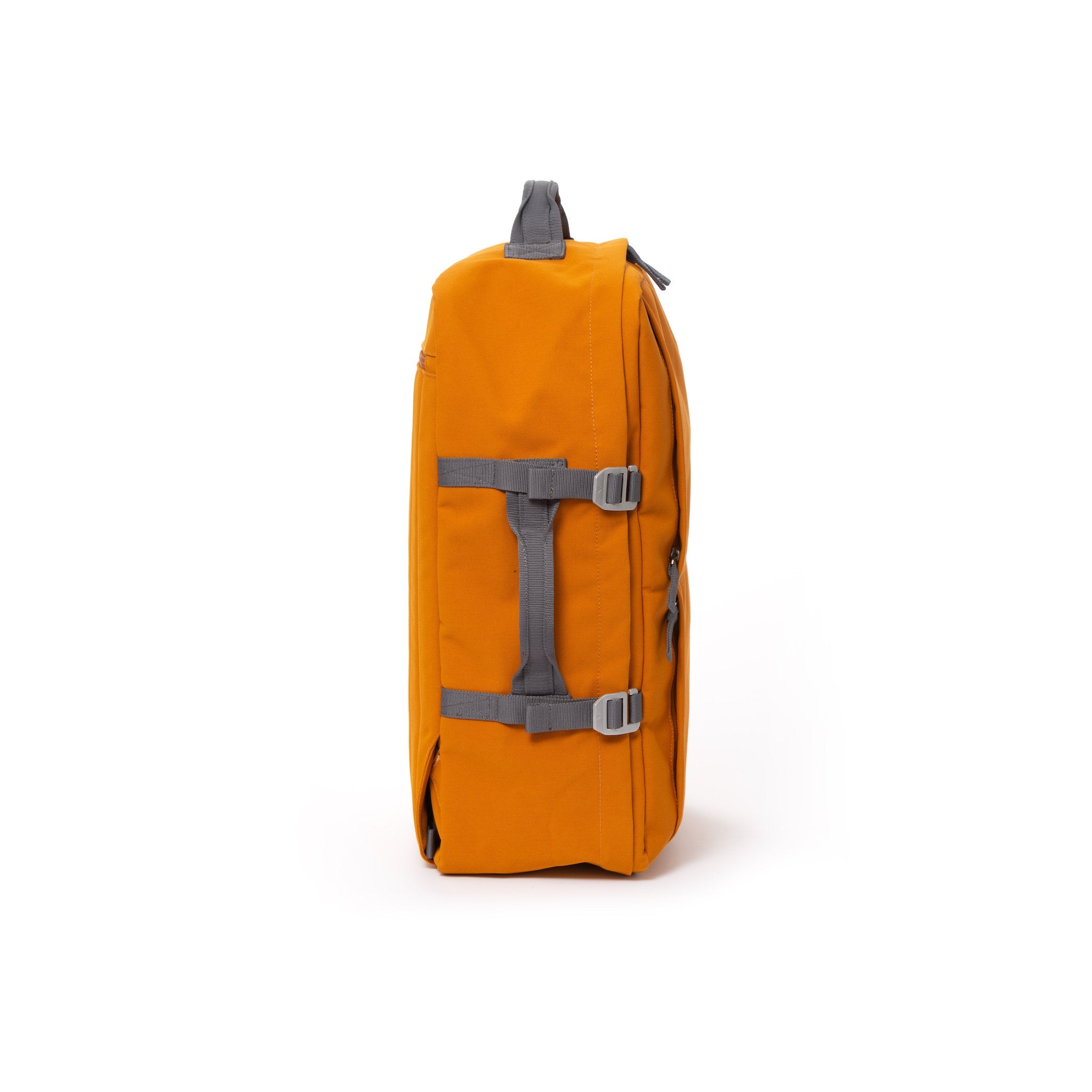 Orange recycled canvas travel backpack with compression side straps.