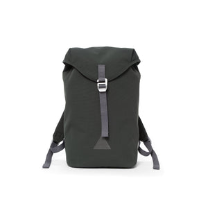 Grey canvas backpack with a flap closure and triangle logo.
