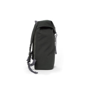 Grey waterproof backpack with flap and metal buckle.