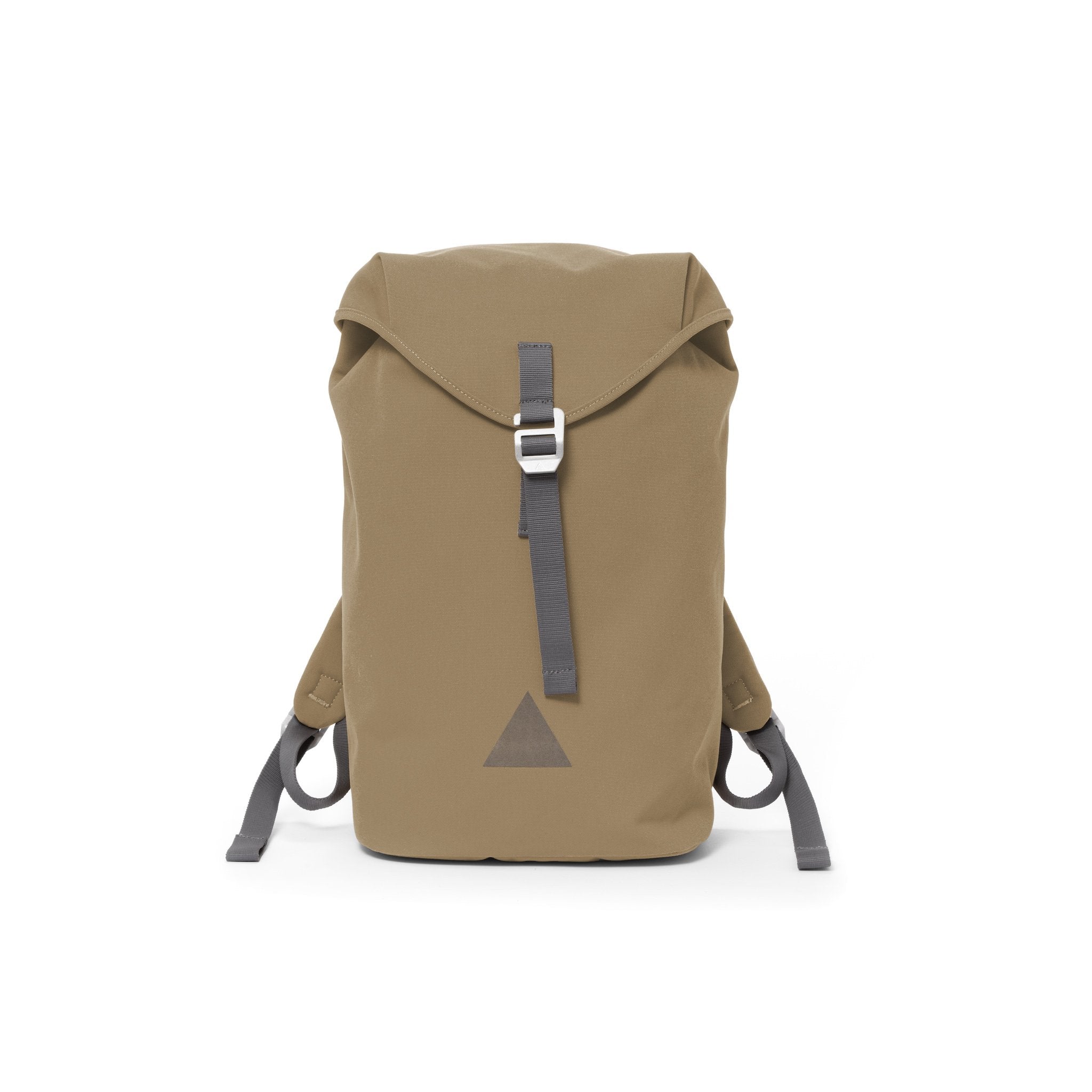 Khaki canvas backpack with a flap closure and triangle logo.