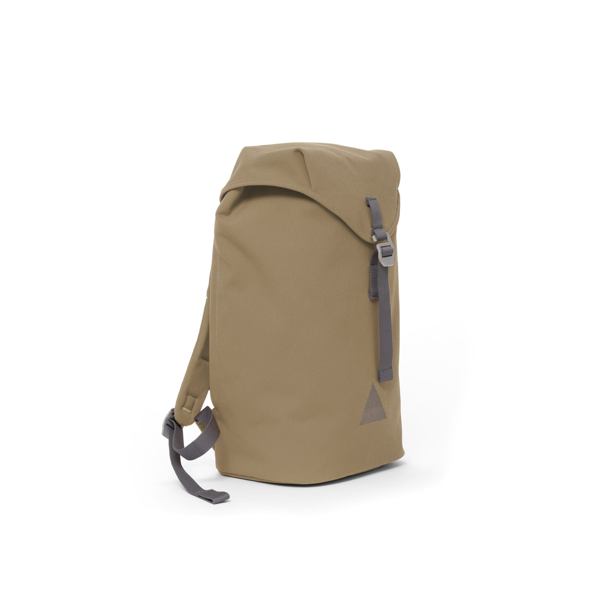 Khaki recycled canvas backpack with strap closure and metal buckle.