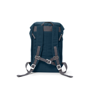 Blue waterproof backpack with padded shoulder straps and chest strap.