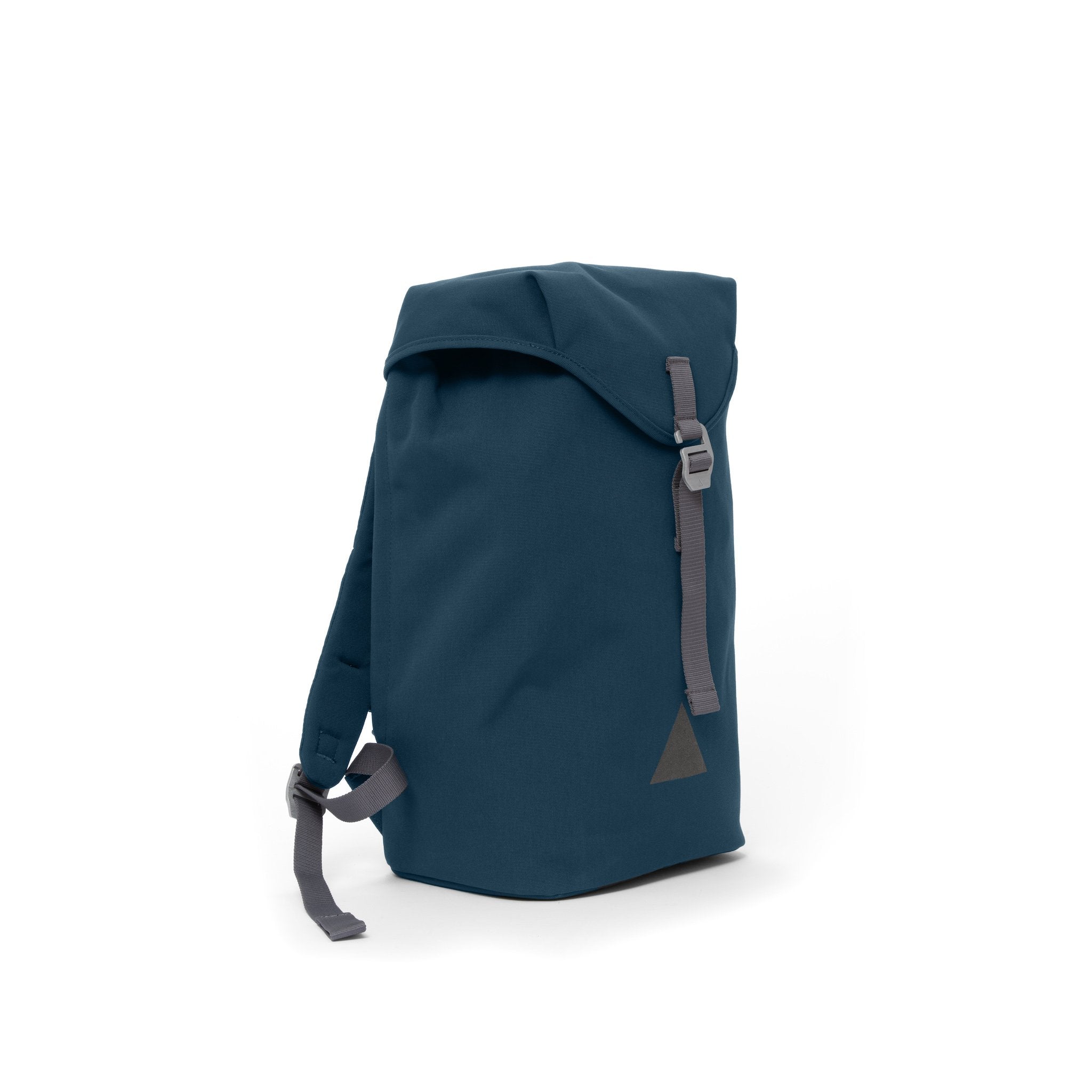 Blue recycled canvas backpack with strap closure and metal buckle.