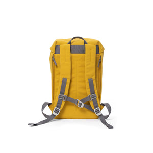 Yellow waterproof backpack with padded shoulder straps and chest strap.