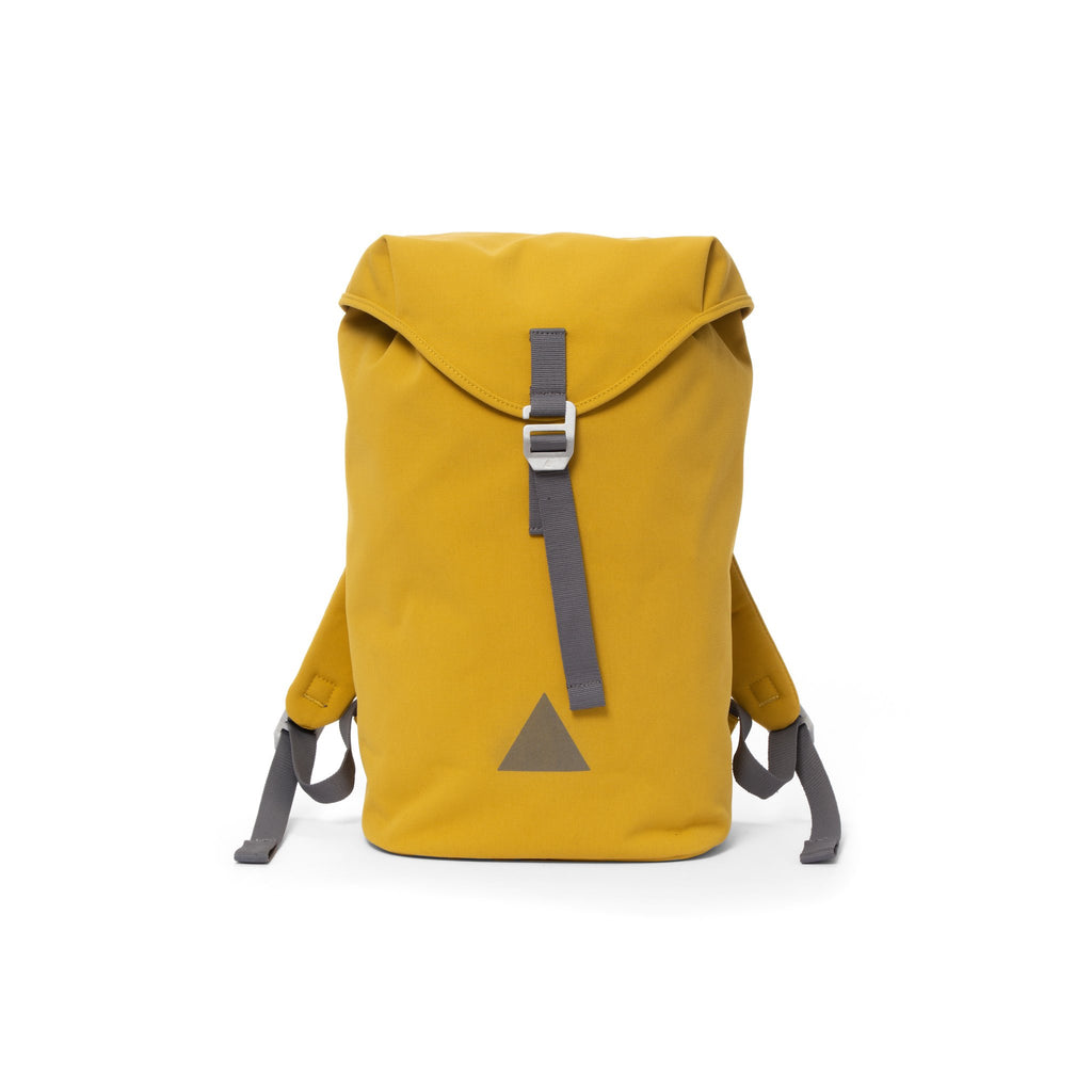 Yellow canvas backpack with a flap closure and triangle logo.