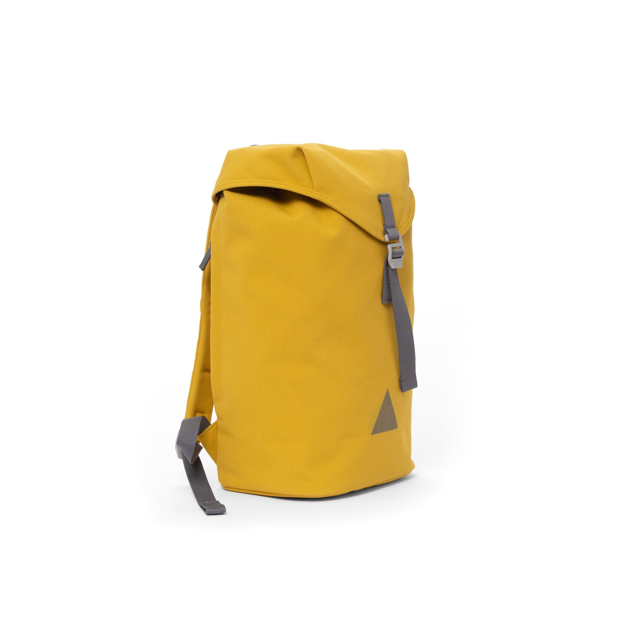 Yellow recycled canvas backpack with strap closure and metal buckle.