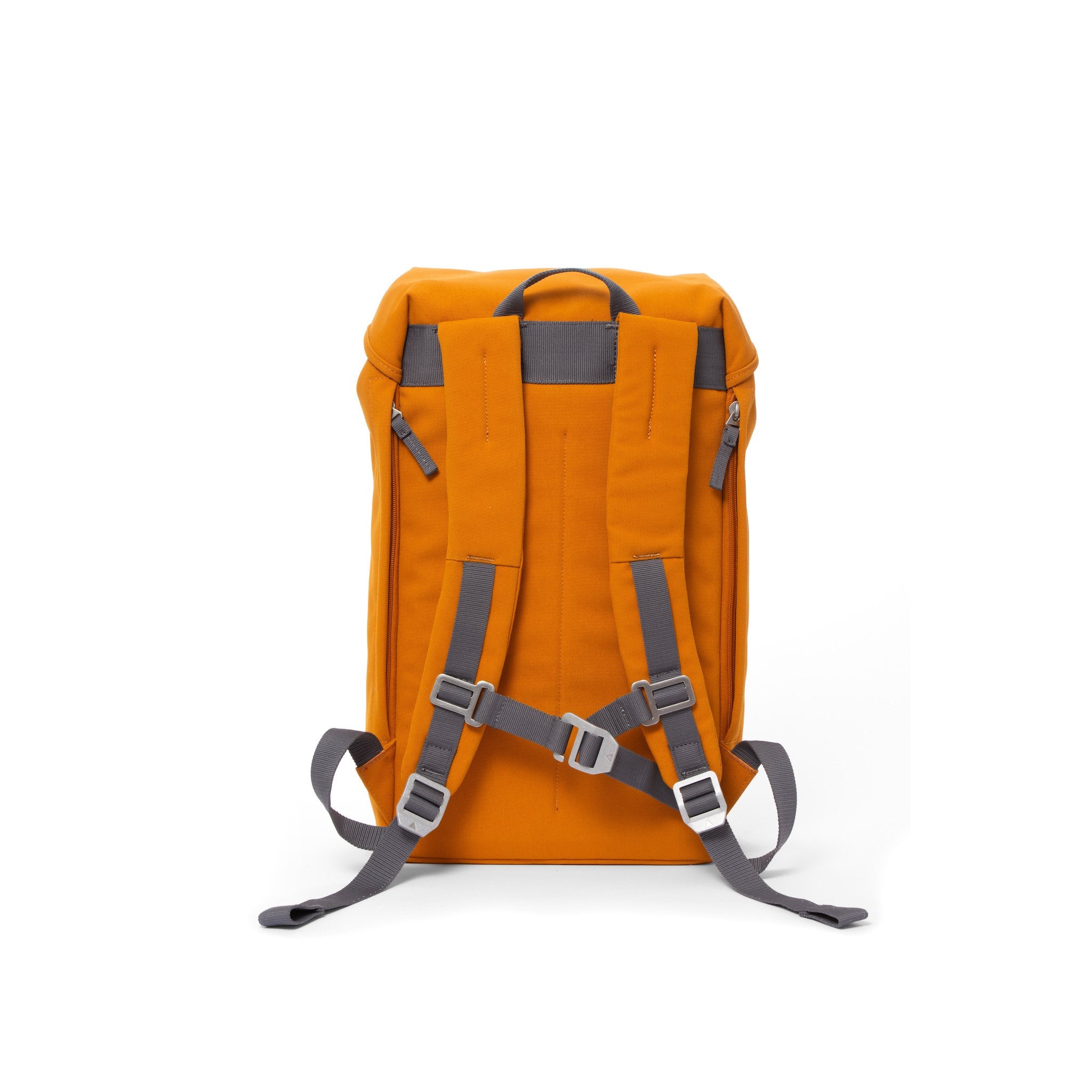Orange waterproof backpack with padded shoulder straps and chest strap.