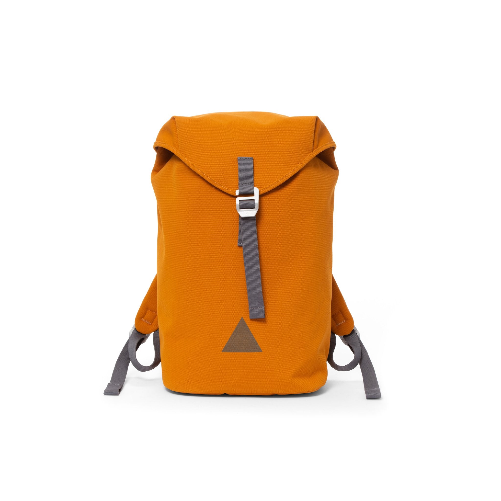 Orange canvas backpack with a flap closure and triangle logo.