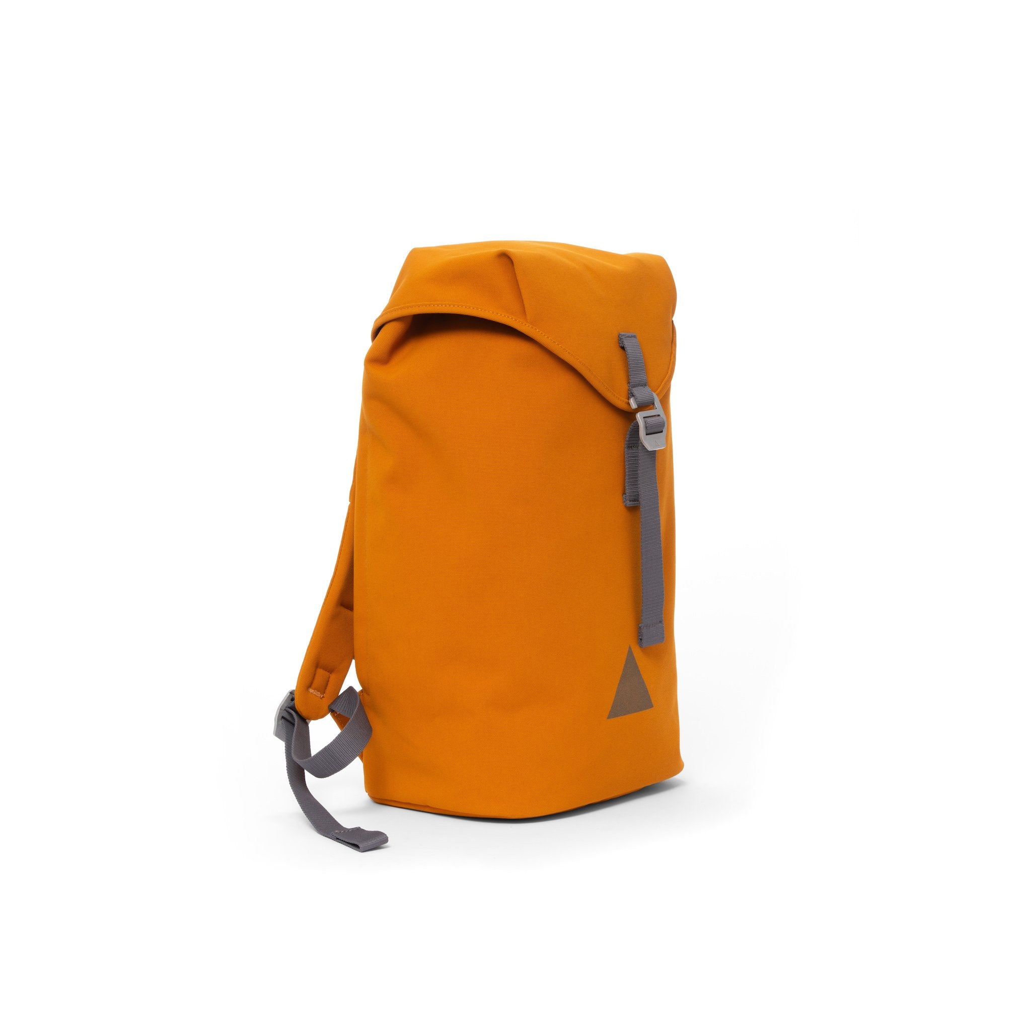Orange recycled canvas backpack with strap closure and metal buckle.